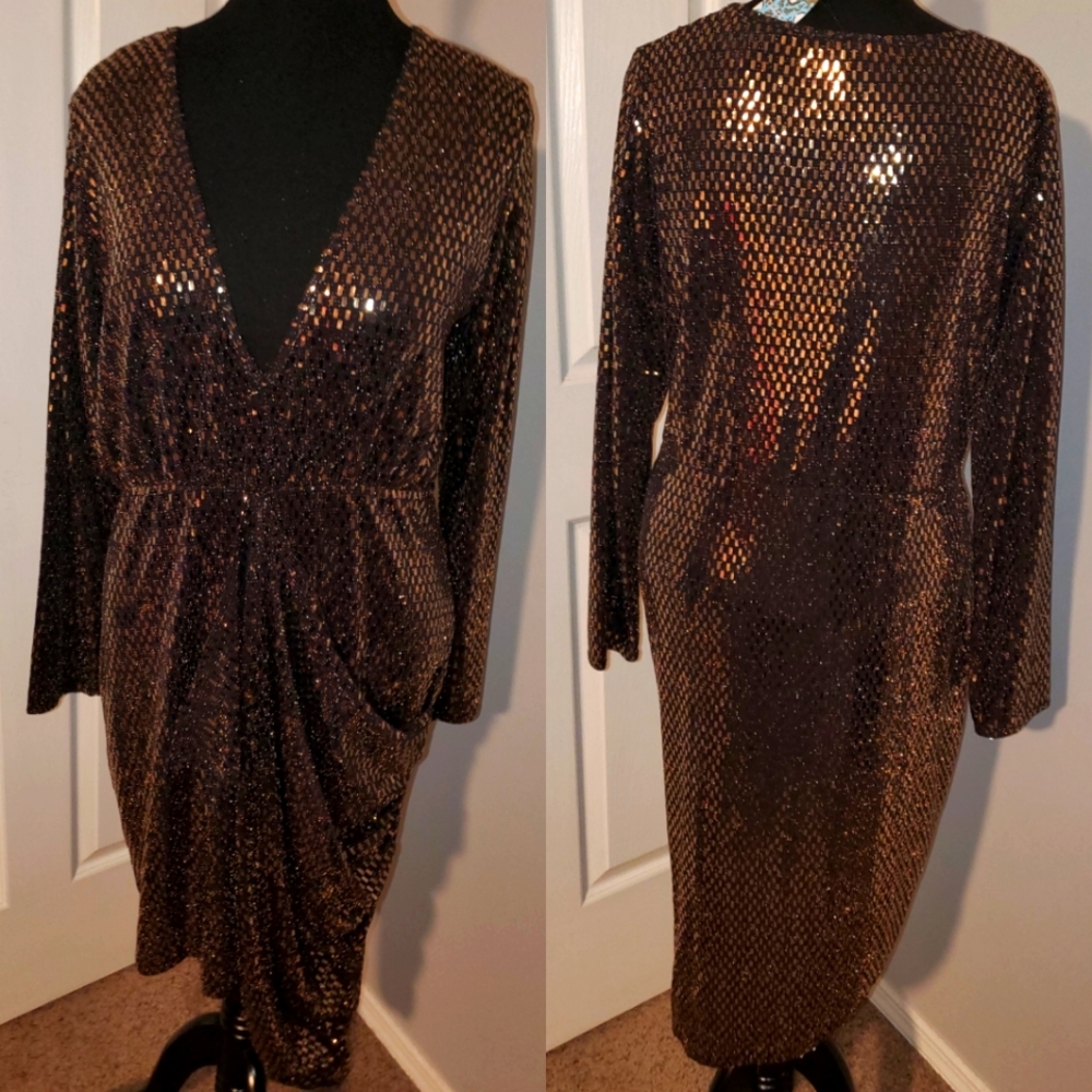 Metallic plunge drape midi dress